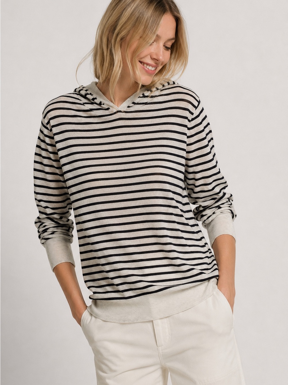 Vince Linen cotton Sweater black cream Striped coastal Knit hood S